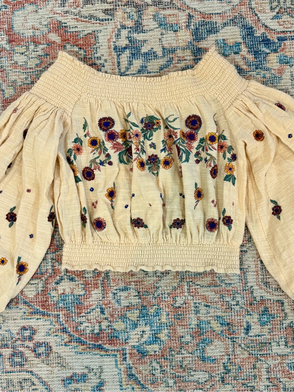 Free People Le Petite Top S Ivory Floral Embroidered Boho Peasant Off Shoulder - Picture 5 of 10